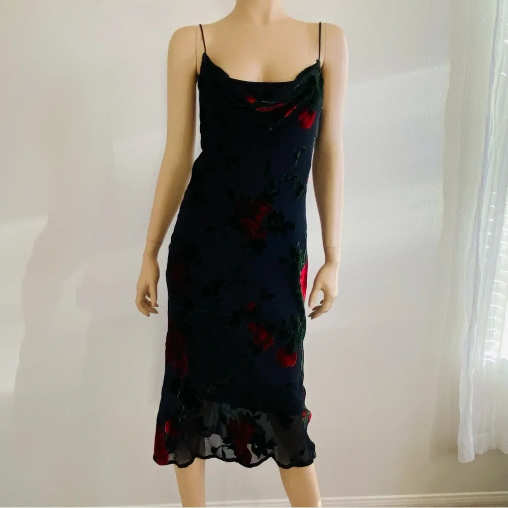 Vintage 90’s Betsey Johnson NY Dress Black Red Rose Mesh Velvet Burnout Sz L - Picture 1 of 13